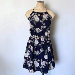 ROKOKO size SMALL floral dress tie back cami halter navy mini fit flare crepe S
